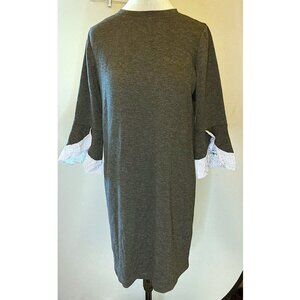 Tiana B charcoal grey shift dress with blue and white stripe ruffle cuffs